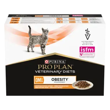 PURINA® PRO PLAN® VETERINARY DIETS OM St/Ox Obesity Management™ konservētā kaķu barība ar vistas gaļas gabaliņiem mērcē, 85 g