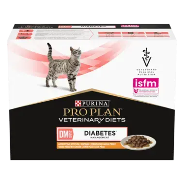 PURINA® PRO PLAN® VETERINARY DIETS DM St/Ox Diabetes Management™ konservētā kaķu barība ar vistas gaļas gabaliņiem mērcē 85 g
