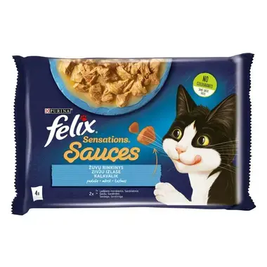 FELIX® SENSATIONS zivju izlase mērcē (pollaks, sardīnes), konservi kaķiem