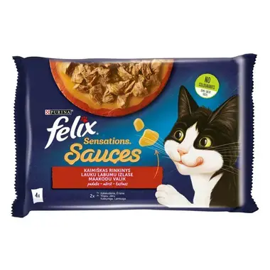 FELIX® SENSATIONS lauku labumu izlase mērcē (tītara gaļa, jēra gaļa), konservi kaķiem