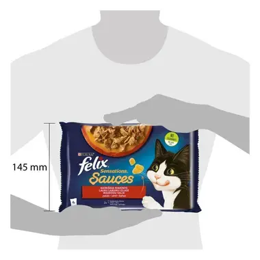 FELIX® SENSATIONS lauku labumu izlase mērcē (tītara gaļa, jēra gaļa), konservi kaķiem