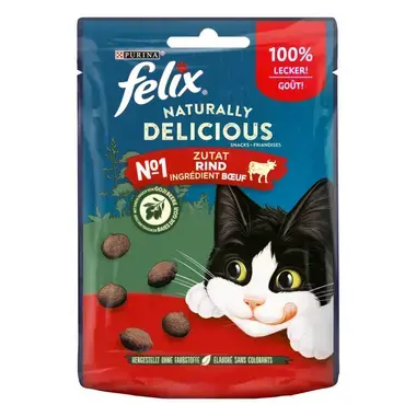 FELIX® NATURALLY DELICIOUS liellopu gaļa un godži ogas, gardumi kaķiem